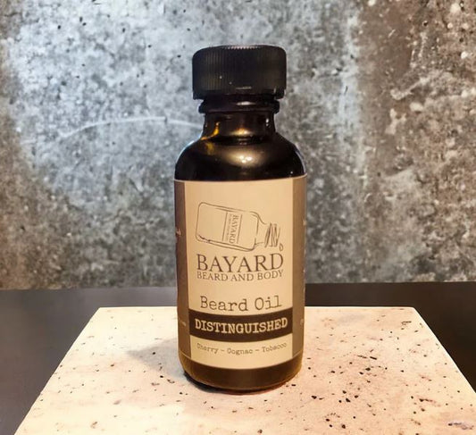 Distinguished Beard Oil in a 1oz Boston Round Bottle