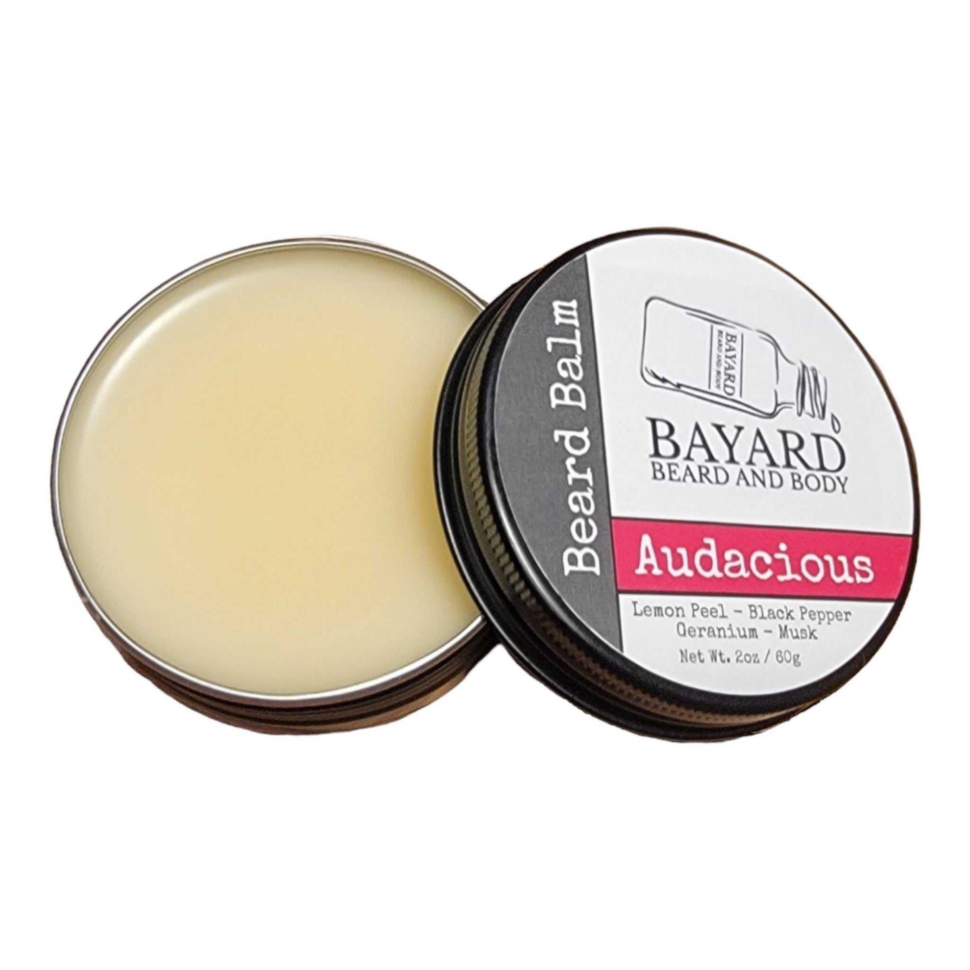 Audacious Beard Balm by Bayard Beard and Body. Made with Lemon Peel, Black Pepper, Geranium and Musk.