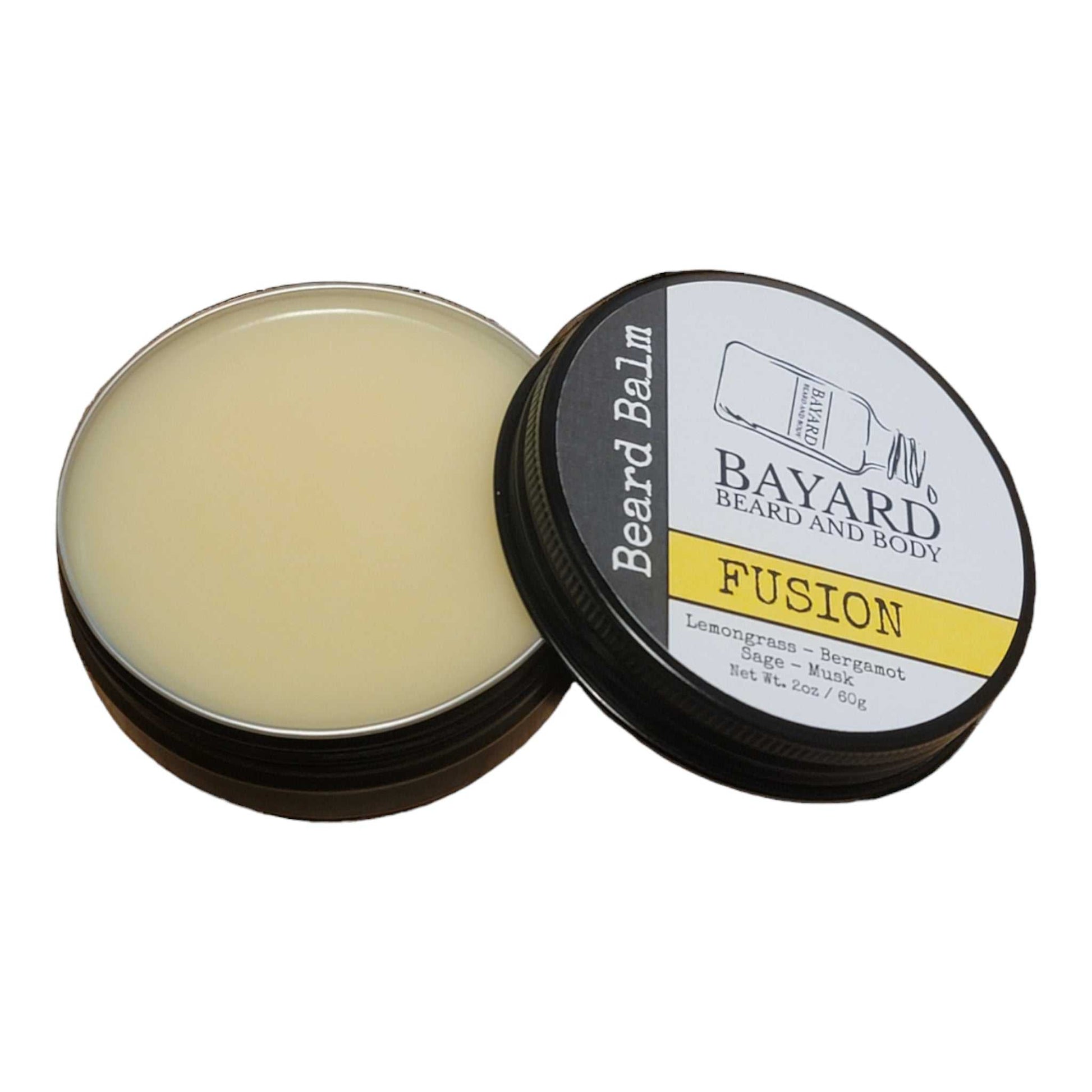 Fusion Beard Balm by Bayard Beard and Body. Made with lemongrass, bergamot, sage and musk. 