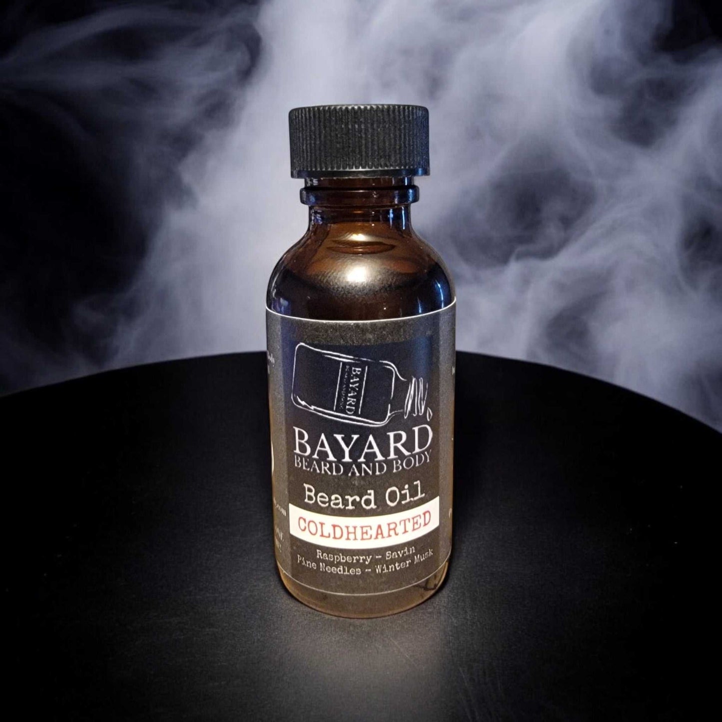 coldhearted beard oil on a black table