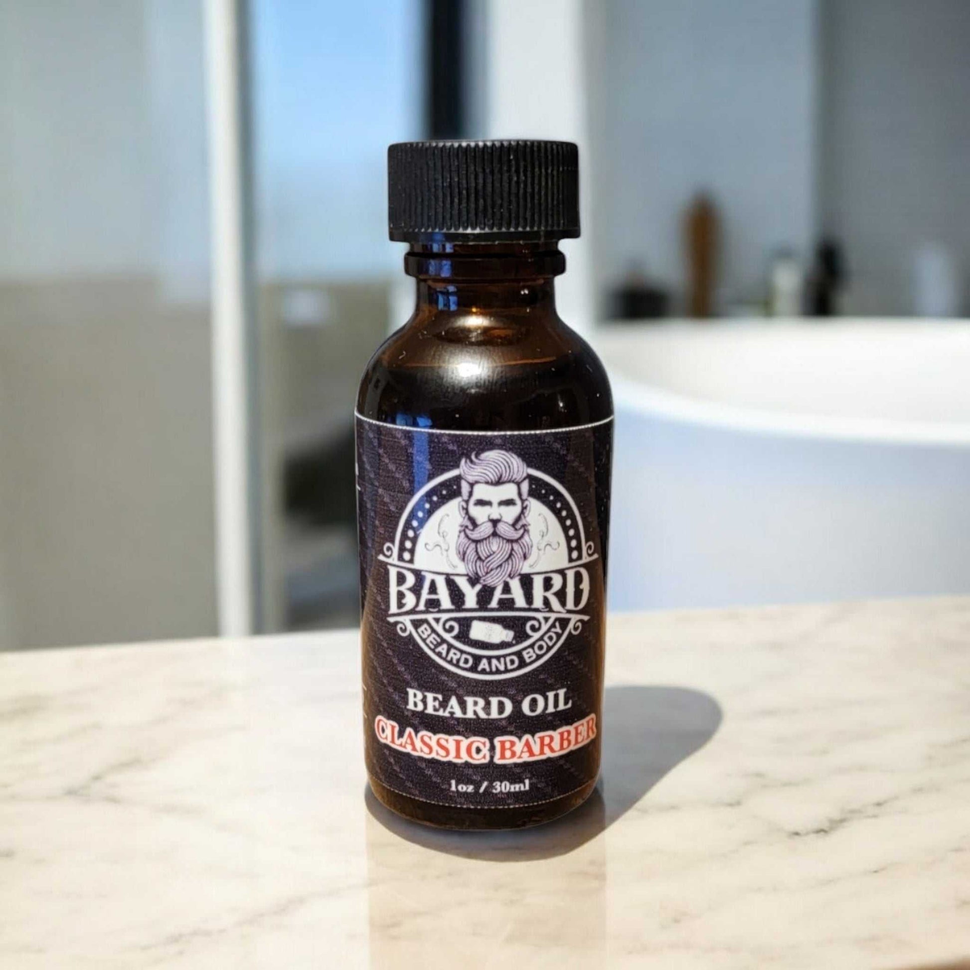 Classic Barber Beard Oil on a marble countertop 