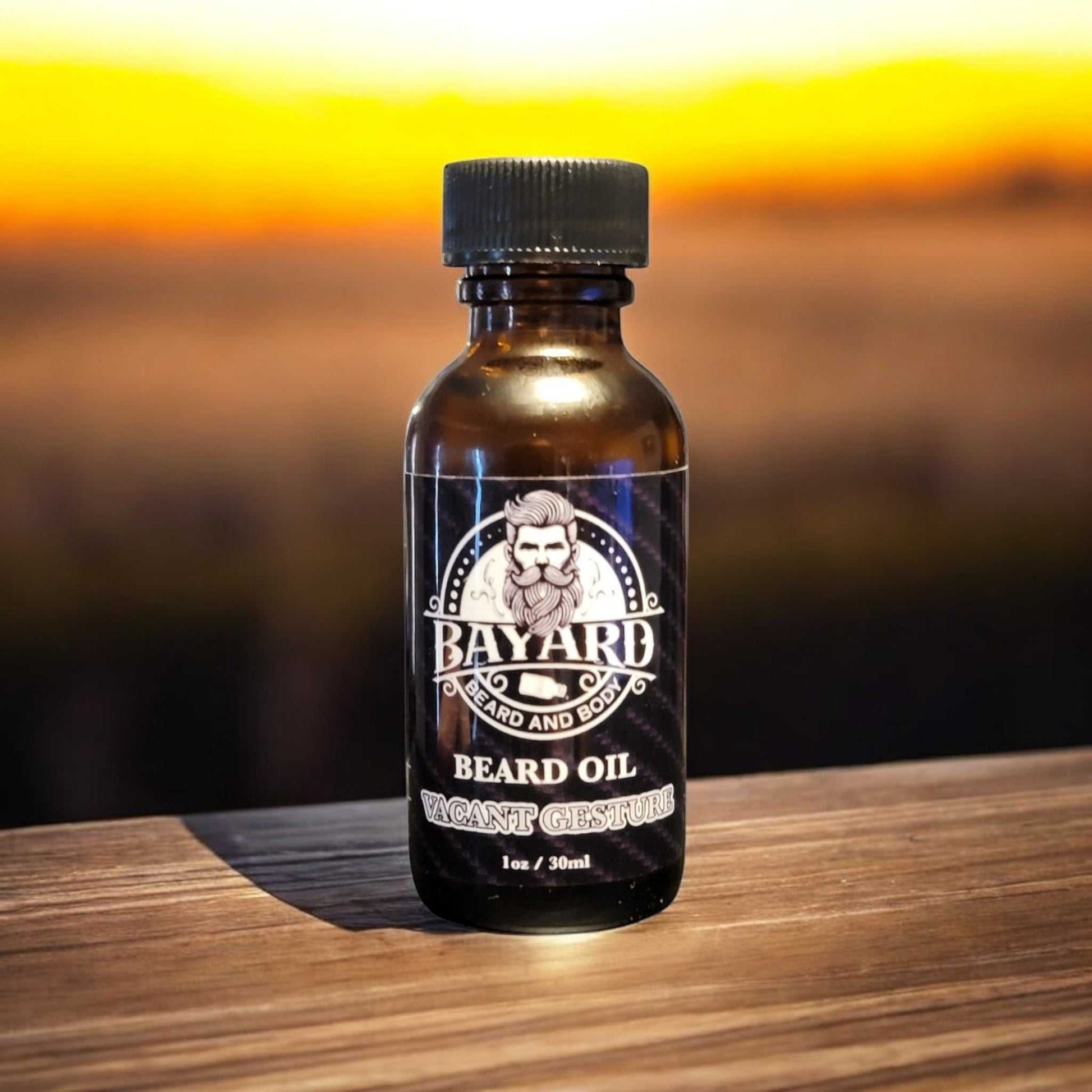 Vacant Gesture Beard Oil on a wood ledge 