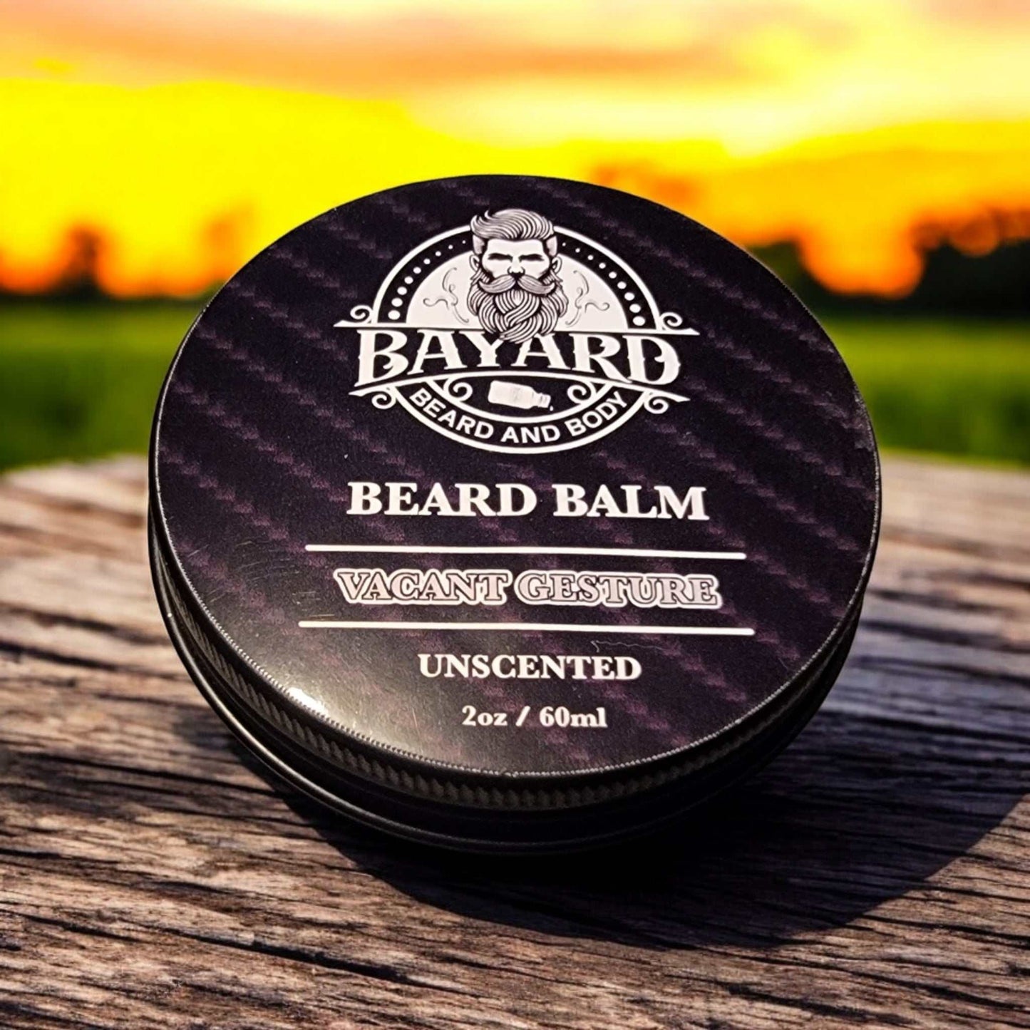 Vacant Gesture Beard Balm on a wood table at sunset