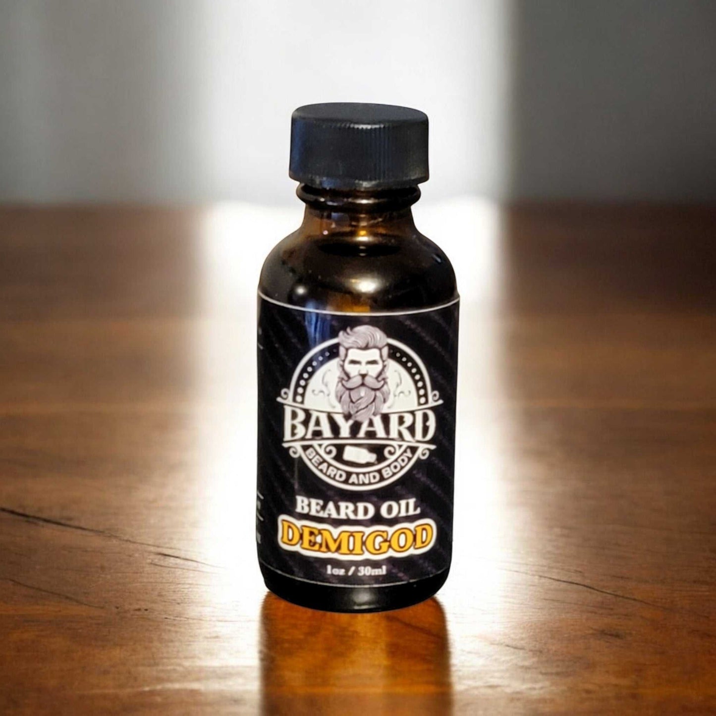 Demigod Beard Oil on an oak table