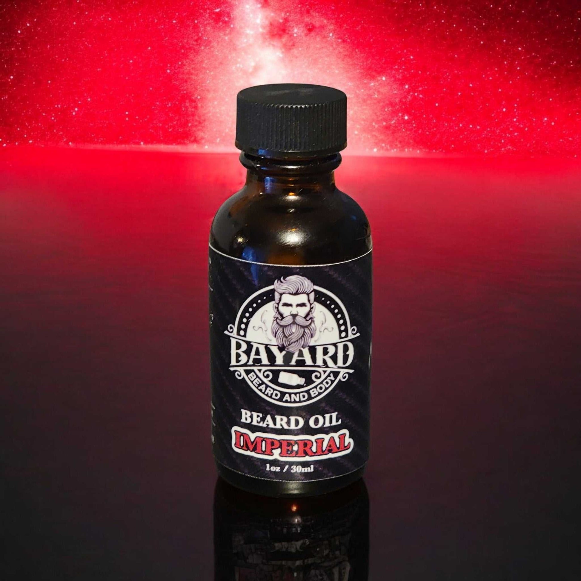 Imperial Beard Oil with a red galaxy background 