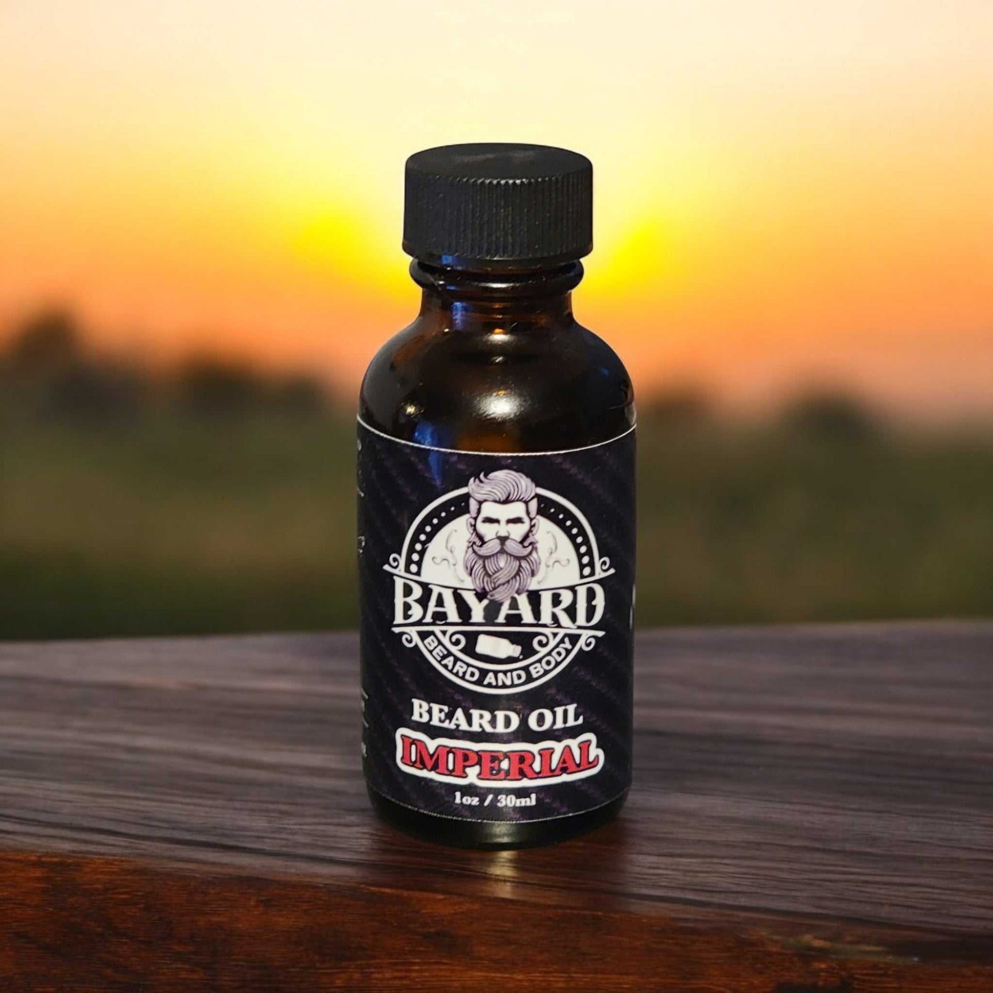 Imperial Beard Oil with a sunset background 