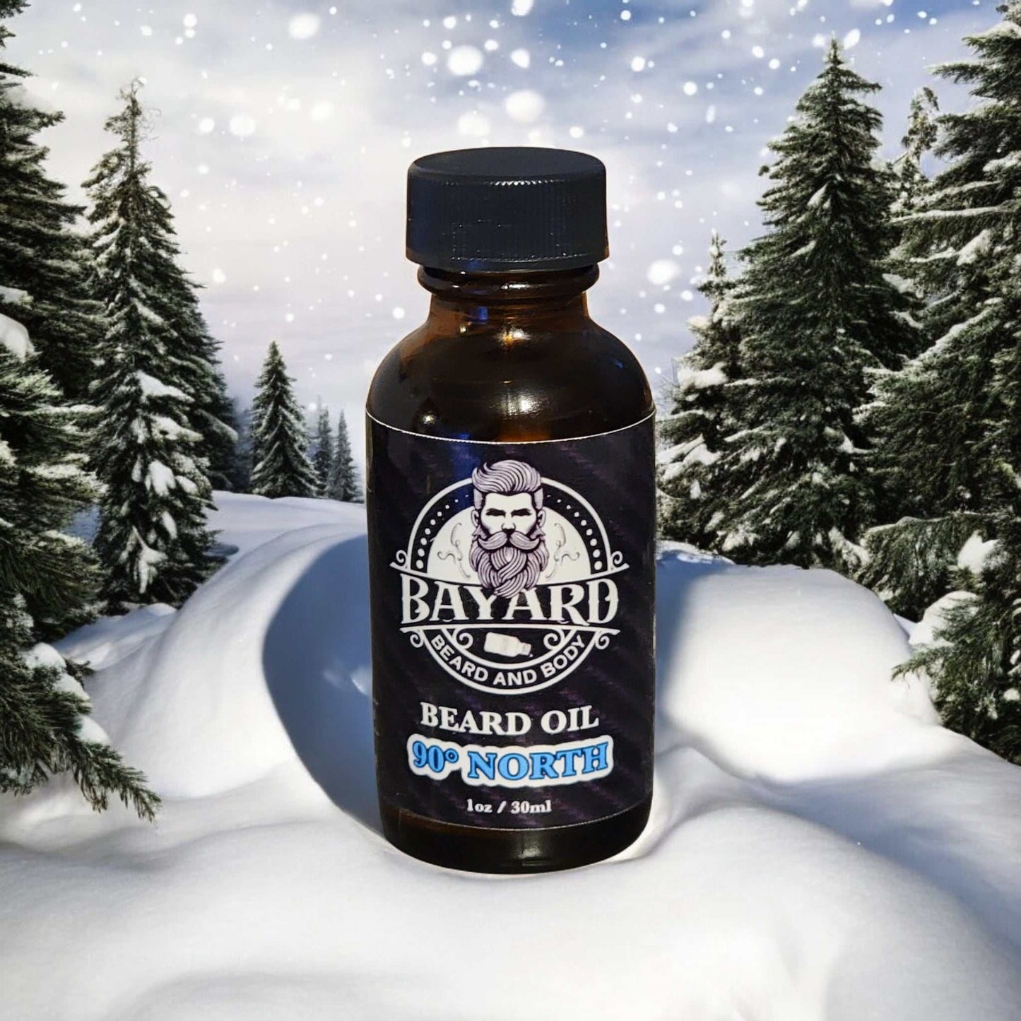 90 North Beard Oil set in a cold snowy scene