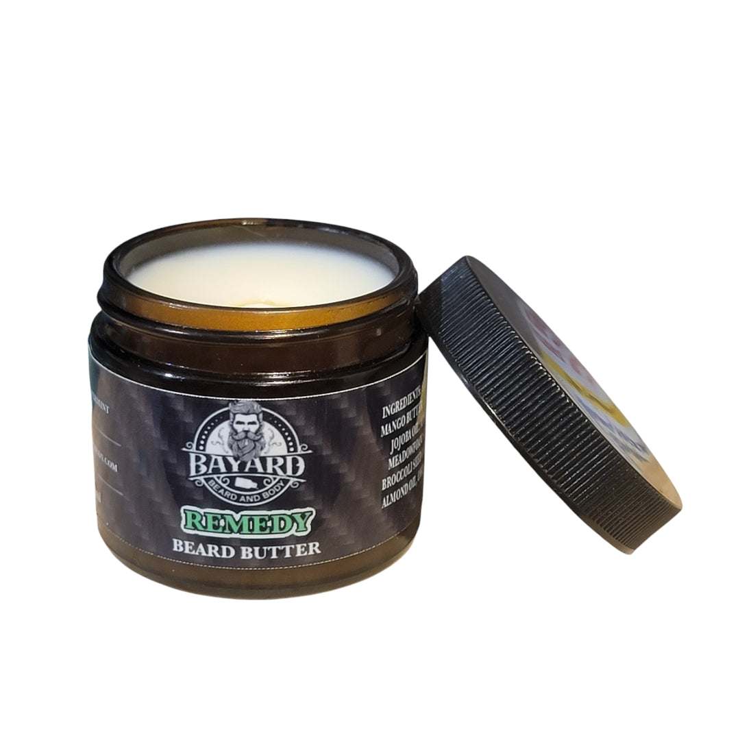 Remedy Beard Butter with the top off.