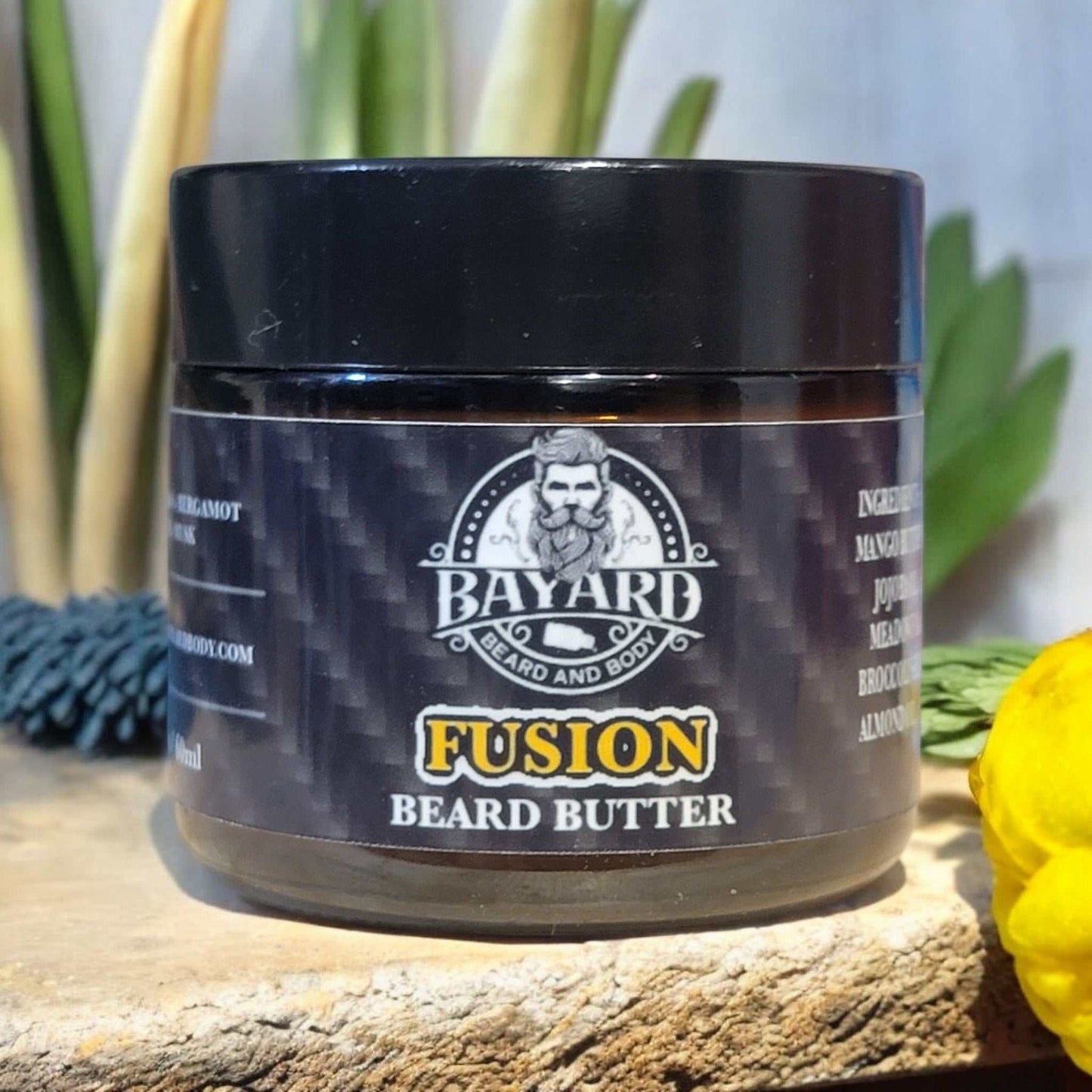 Fusion Beard Butter with lemongrass and sage in the background 