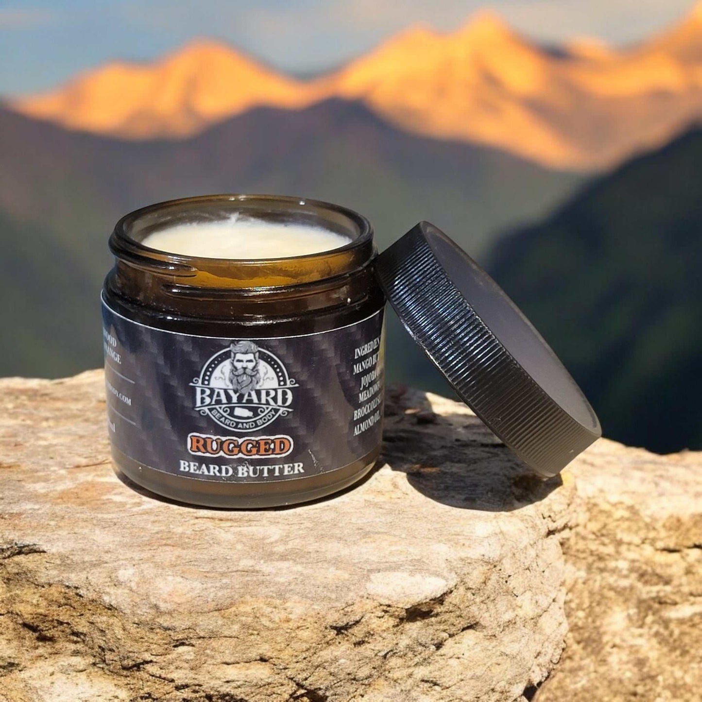 Rugged Beard Butter on a hiking trail in the mountains