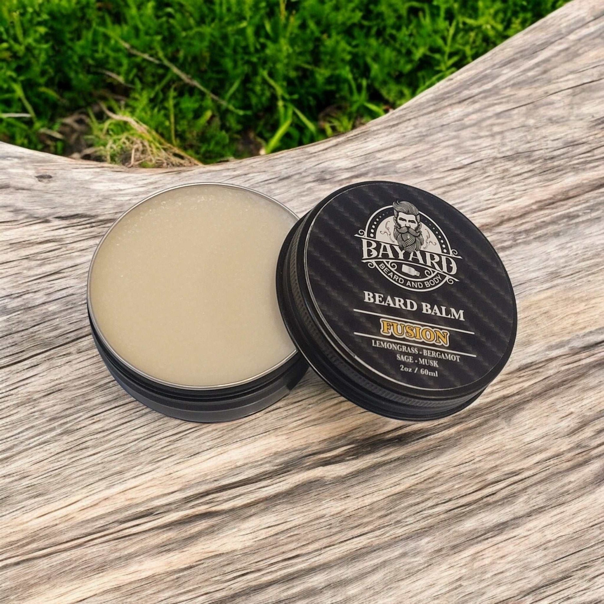 Fusion Beard Balm on a wood bench with lemongrass