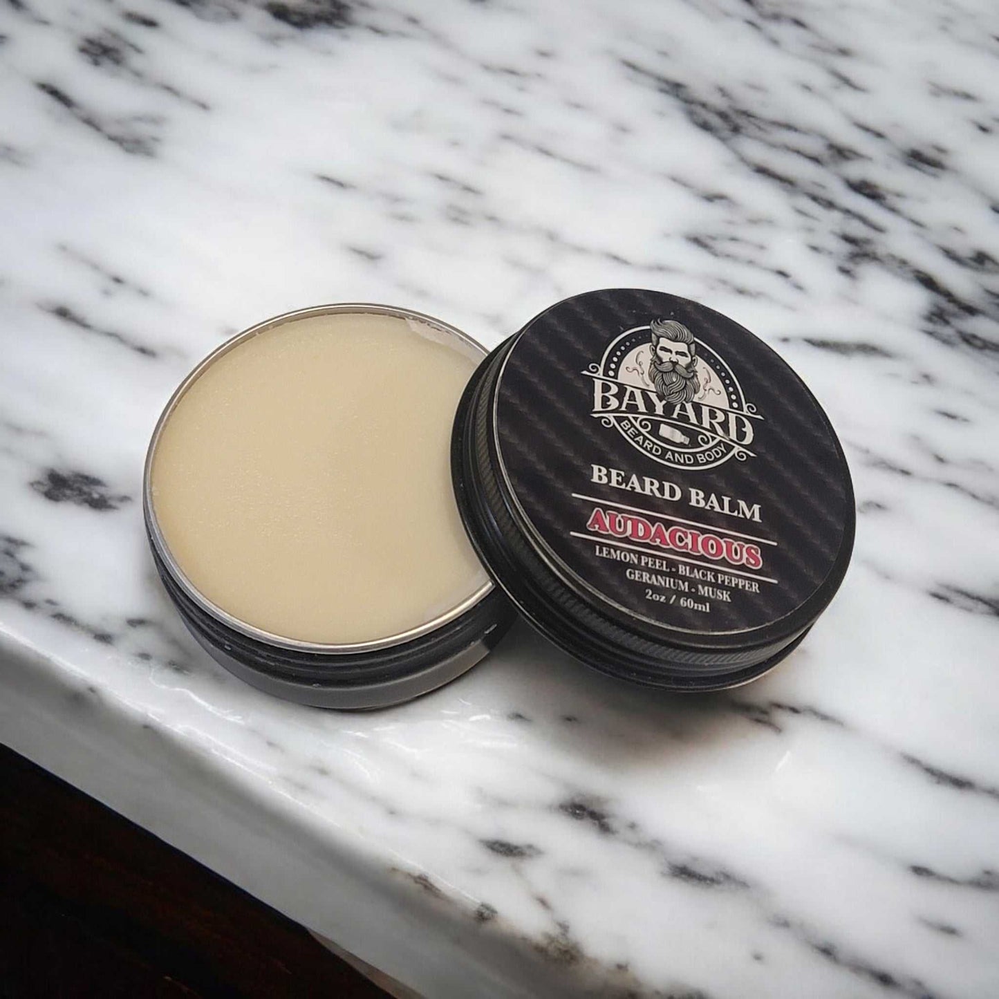 Audacious Beard Balm on a marble table